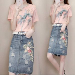 Work Dresses 2023 Summer High-waist Beaded Hole Denim Bag Hip Skirt Two-piece Women's Fashion Suit