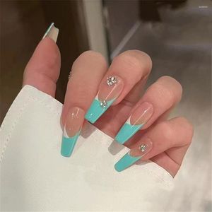 False Nails Shiny Rhinestone French Coffin Fake Nail Tips With Designs Lake Green Long Ballerina Set Press On DIY Manicure