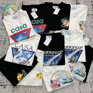 T-Shirts Masculinas CASABLANCA Tshirts Verão Homens Mulheres Moda Solta Casual Casal Preto Branco Manga Curta Flor Desenhos Animados Casablanca Top Tee 230712