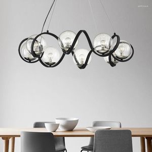 Lampadari Nordic E14 Lampadario a Led Soggiorno Lampada a sospensione in metallo nero Illuminazione a bolle d'aria Paralumi in vetro Luci