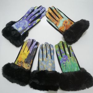 5本の指の手袋冬の暖かいフェイクレディースグローブデジタルプリントヴァンゴッホオイルペインティングダンスグローブタッチスクリーンサイクリングミトンフルフィンガー230712