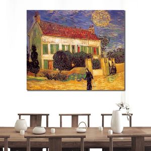 Handmade Canvas Art Vincent Van Gogh Painting White House at Night 1890 Village Landscape Artwork Bathroom Decor