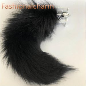 Black -Genuine Real Fox Fur Tail Plug Metal Stainless Butt Toy Plug Insert Anal Sexy Stopper3206