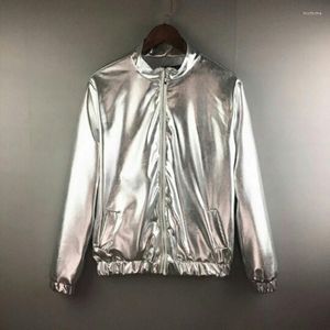 Męskie kurtki męskie błyszczące srebrne metaliczne kurtki 70. Disco Dance Christmas Party Varsity Zip-up Baseball Bomber Coats Jaquetas