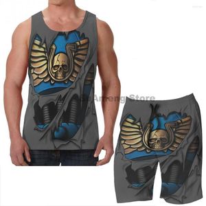 Fatos de treino masculinos verão casual engraçado estampado tops masculinos femininos ultramarinos armadura board shorts de praia conjuntos de fitness colete sem mangas