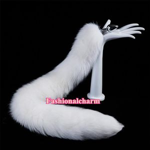 70cm 27 5 - Real Genuine White Fox Fur Tail Plug Metal Stainless Anal Butt Plug Insert Sexy Stopper Cosplay Toy238d