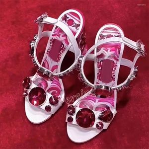 인쇄 여성 샌들 핑크 보석 S 도착 여름 라운드 발끝 덩어리 하이힐 끈 버클 패션 파티 멋진 신발 Fahion Shoe
