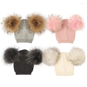 Berets Baby Girls Boys Winter Children Wool Hats With Double Real Fur Pompon Kids Cap Thick Warm Knitted Beanies Outdoor Windproof