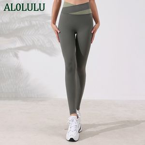 AL0LULU Calças de ioga profissionais femininas cintura alta elásticas nuas em forma de V combinando com cores finas calças esportivas leggings de ioga