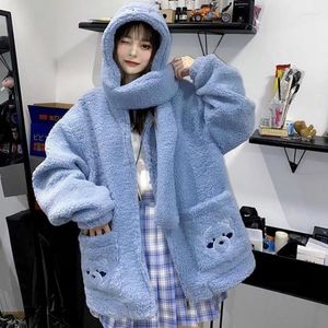 Kadın Hoodies Harajuku Tatlı Polar Hırka Kadın Sevimli Hoodie Kış 2023 Gevşek Üst Moda Ayı Beyaz Kazak Cep Y2K Giysileri