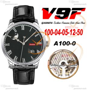 V9F Excellence Panorama Date Moon Phase A100-0 Orologio da uomo automatico Cassa in acciaio Quadrante romano nero Pelle Super Version Edition Herrenuhr Reloj Hombre Puretime C3