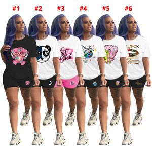 Women tracksuits summer Fashion Casual Solid Color Cartoon Pattern Printed Short Sleeve Shorts Two Piece Set