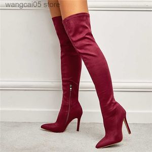 Boots 2023 Женщины на колене высокие сапоги Lady 11 см высокие каблуки сексуальные длинные зимние бургиндские ботиль
