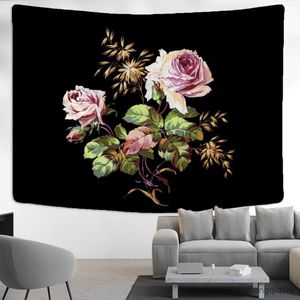 Tapeleries Gerbera Tapestry Wall Hanging Black Bakgrund Tyg Boho Psychedelic Witchcraft Hippie Tapiz Eesthetic Home Decor R230713