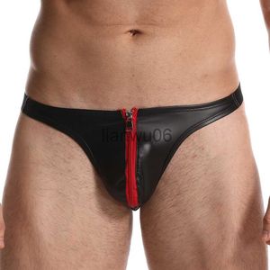 Cuecas Sexy Mens Cueca Cuecas Com Zíper Gay Slip Mens Calcinhas Pretas De Couro Falso Bojo Bolso Calcinha Quente Cintura Baixa Nova Tanga Masculina J230713