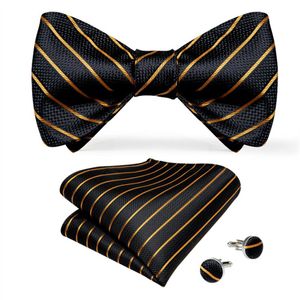 Hi-Tie Bow Tie Seti Lüks Siyah Altın Çizgili İpek Kendinden Eğit Bavon Tie LH-0093290O