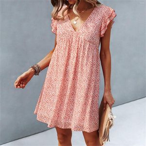 Casual Dresses Women's 2023 Summer Tops Loose Floral V Collar Sexig kortärmad Chiffon Dress Ladies Mini Sundress Vestido