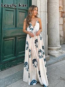 Abiti sexy urbani Fashion Satin Floral Slip Beach Dres 2023 Summer Backless Lace Up Maxi Dress Donna Elegante bretella bohémien 230712