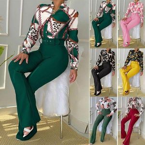 Women's Two Piece Pants Spring Casual Printed Stand Collar Long Sleeve Shirt Top Wide Leg Matching Sets For Women Trendy Clothes