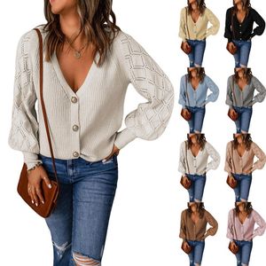 European and American Women's Sweaters Autumn New Solid Color Diamond Plaid Bubble Sleeve Knitwear Coat Women's Loose Single breasted Cardigan Sweater