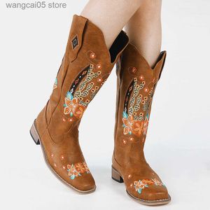 Boots Women Western Cowboy Cowgirls Mid Calf Boots Vintage Geometric Embroidered Boots Retro Classic Boots Chunky Shoes Women T230713