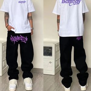 Mens Jeans Letter Print Baggy para Men Clothing Street Vintage Hip Hop Casual Calça de Moletom de Pernas Largas 230712