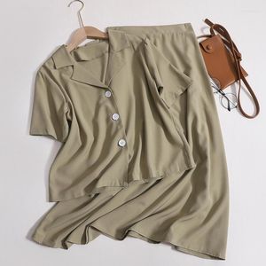 Vestidos de Trabalho Verão Moda Coreana Duas Peças Terno Feminino Gola Abotoada Camisa de Manga Curta Cor Sólida Vestido de Cintura Alta