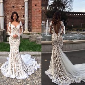 Mermaid Modest Lace Dresses with Long Sleeves V-neck Trumpet Illusion Backless Bridal Gowns Sweep Train Wedding Dress