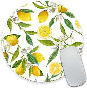 Tappetino per mouse rotondo con pittura a limone ad acquerello Arte Frutta al limone con motivo a fiori e foglie Tappetini per mouse circolari