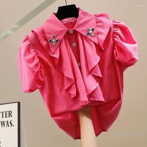 Women's Blouses Heavy Industry Color Beaded Turn Collar Blouse Women Diamond Ruffled Stitching Puff Sleeve Short Sleeves Shirt All-Matching