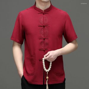 メンズカジュアルシャツ夏中国アイスシルクサテンシャツ唐刺繍ボタン半袖レトロトップ太極拳服