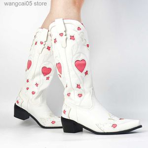 Boots Cowgirls Cowboy Wesetrn Boots For Women 2022 Heart Pointed Toe Floral Embroidery Chunky Heel Knee High Vintage Riding Boots T230713