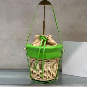 Borse a secchiello intrecciate Borsa a mano firmata da donna Scava fuori coulisse Bordatura in pelle bovina Borsa da spiaggia Fodera in tela staccabile Chiusura con coulisse Tote 7 colori