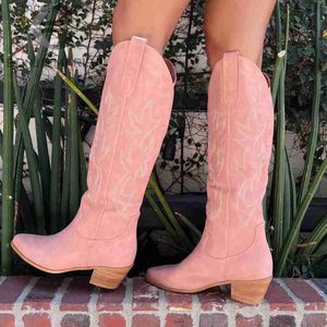 Buty haftowane Western Knee High Boots for Women Pink Cowboy Cowgirl Fashion Buty 2022 Gorąca wyprzedaż popularny poślizg na białych dziewczynach T230713