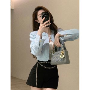 Women's autumn blue color O-neck woolen high waist long sleeve short desinger jacket coat XSSMLXL