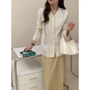 Women's Blouses Korean Style V-neck Long Shirt With Belt Luxury Sequins And Crystal Patchwork Single Breasted Blouse Camisas Y Blusas