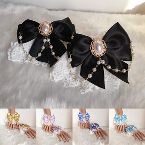 Five Fingers Gloves Sweet Lolita Hand Wrist Cuffs Double Layer Floral Lace Bow Hand Sleeve Imitation Pearl Chain Maid Cosplay Girl Party Hand Sleeve 230712