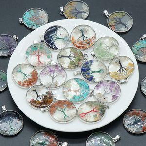 Round Tree Of Life Gravel Pendant Natural Crystal Chip Stone Colorful Charms Diy Necklace jewelry making