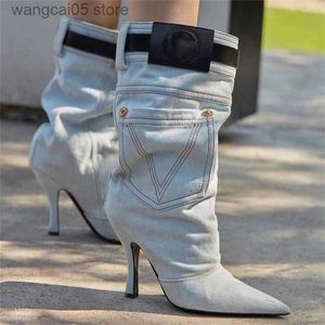 Boots 2022 Summer Fashion Blue Denim Jeans Boots Mid Elegant Stilettos Heels Женские ботинки 40-43 большие белые сапоги T230713