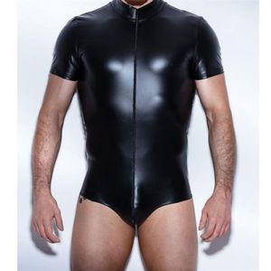 Body de couro masculino Catsuit de látex de couro sintético sem virilha Roupas masculinas gays Bodysuit sexy Lingerie One Piece Un245k