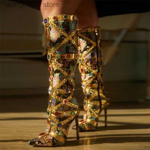 Boots Eilyken Ins Style Runway Gemstone Crystal Stilettos Heels Women Knee-High Boots Zip Sexy Pointed Toe Stripper Botas De Mujer T230713