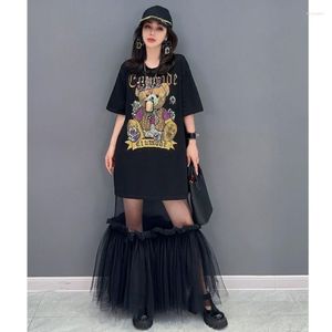 Casual Dresses Women Drilling Diamonds Cartoon Embroidery Mesh Dress Ruffles Rhinestone Beaded T-Shirts Gauze Spliced Tees Vestidos