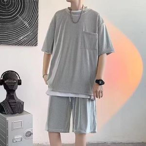 Мужские спортивные костюмы модный ледяной спортивный костюм Summer Thin Lose Большой размер драпировки шорт с короткими рукавами.