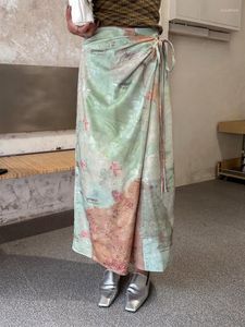 Spódnice krawat Wrap sznurowana długa spódnica za kolano Y2k kobiety stylowa moda gotycka tkanina lato w stylu Vintage Harajuku Hippie japoński Boho Sexy