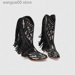 Сапоги Cowgirls ковбойские сапоги для женщин Fringe Bringe Bling Western Boots Slip на туфлях Med Colf Summer осень Vintage Retro Brown Casual T230713