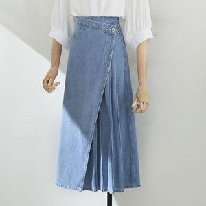 Saias Irregulares Patchwork Saia Denim Plissada Para Mulheres Verão Moda Coreana Cintura Alta Longa Faldas Mujer Moda Feminina