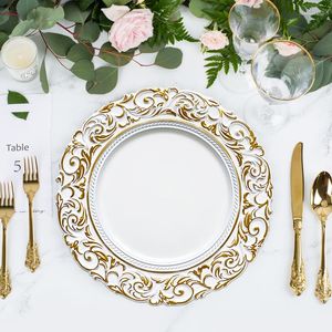 Teller aus Kunststoff, Weißgold, Ladegerät, Blume, Esszimmer, PVC-Set, dekorativ, Großhandel, geschnitzt für Hochzeit, 12 Stück, glitzernder Korbtisch