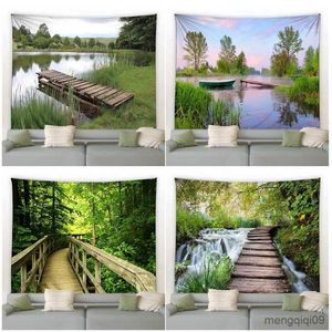 Tapestries Rural Natural Landscape Tapestry Forest Antique Wooden Bridge Waterfall Wall Hanging Living Room Garden Can Be Customized R230713