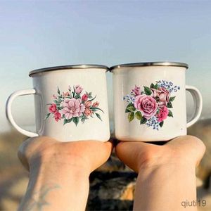 Mugs Flower Print Retro Enamel Mugs Creative Coffee Cups Summer Outdoor Picnic Drinks Juice Milk Camping Mugs Handle Drinkware Gifts R230713