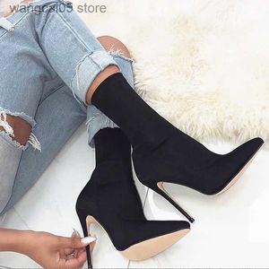 Stiefel 2023 Frauen 10 cm High Heels Seidensocke Stiefel Weibliche Grüne Kurze Stiefeletten Dame Stripper Winter Spitzschuh Gothic Designer Schuhe T230713